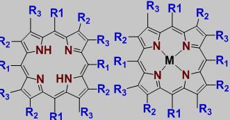 卟啉（左）和金属卟啉分子（右）的结构示意图